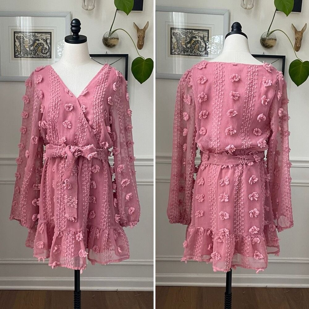 A.Calin Flying Tomato Pink Long Sleeve Pom Pom Mini Dress L
